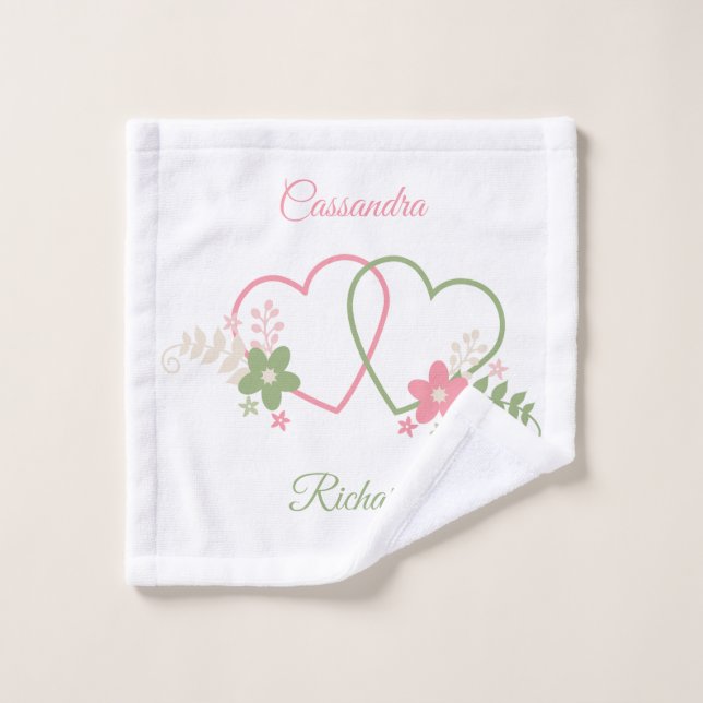 Personalised Dual Hearts Newlywed Bath Towel Set (Wash Cloth)