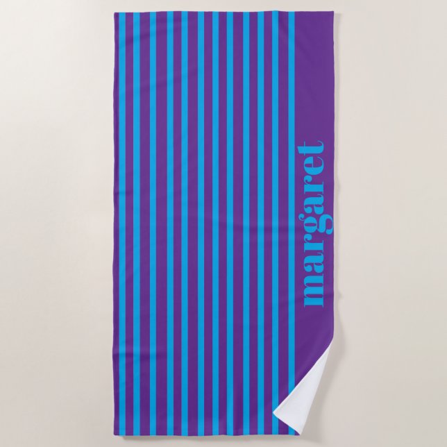 Personalised Dusky Blue Stripes Beach Towel (Front)