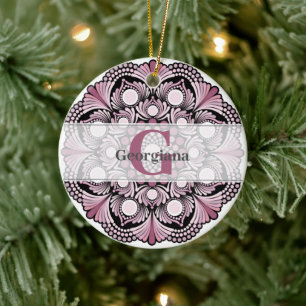 Personalised Dusky Rose Boho Floral Dot Mandala Ceramic Tree Decoration
