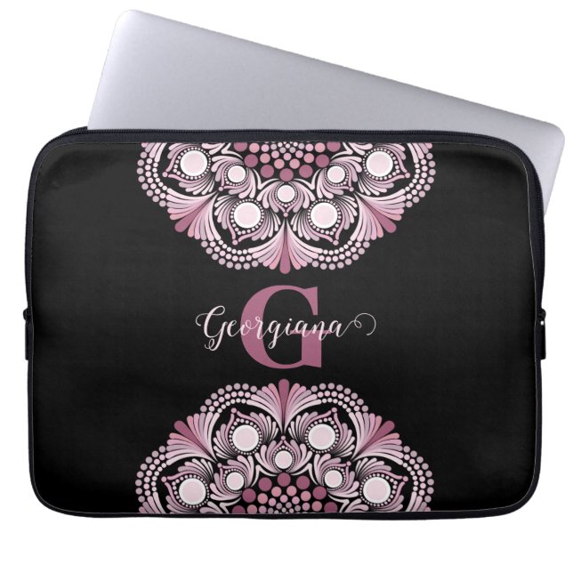 Personalised Dusky Rose Boho Floral Dot Mandala Laptop Sleeve (Front)