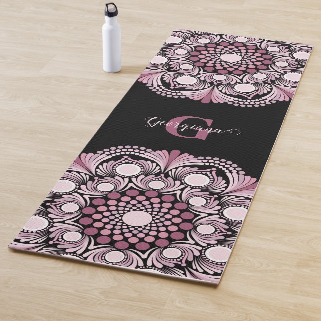 Personalised Dusky Rose Boho Floral Dot Mandala Yoga Mat (In Situ)