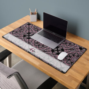 Personalised Dusky Rose Floral Fronds Mandala Tile Desk Mat