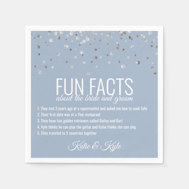 Personalised DUST BLUE Silver Confetti FUN FACTS Napkin (Front)
