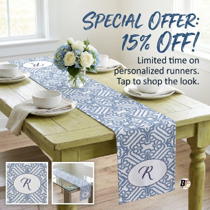 Personalised Dusty Blue and White Elegant Damask M Medium Table Runner