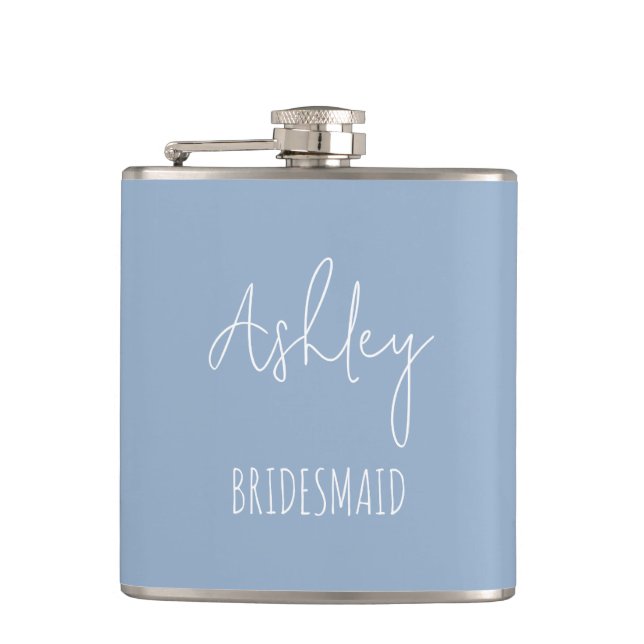 Personalised Dusty Blue Bridal Party Gift Women Hip Flask (Front)