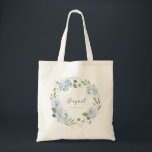 Personalised dusty blue floral bridesmaid tote bag<br><div class="desc">Modern script name with watercolor floral wreath in dusty blue and sage green,  cute personalised Bridesmaid tote bags for bridal party gifts.</div>