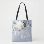 Personalised dusty blue floral mother of the bride tote bag<br><div class="desc">Watercolor botanical floral and greenery in soft yellow,  dusty blue,  and grey,  with customisable "mother of the bride" script and custom name on the back,  elegant and romantic,   great personalised gifts for mother of the bride.</div>