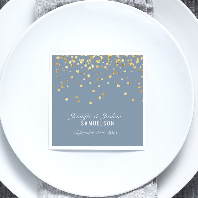 Personalised Dusty BLUE Gold Confetti Wedding Napkin (Creator Uploaded)