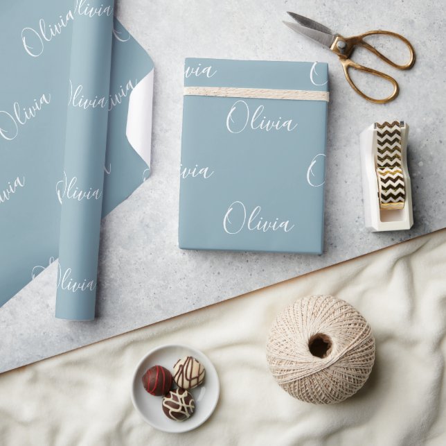 Personalised Dusty Blue Modern Script Name Wrapping Paper (Crafts)