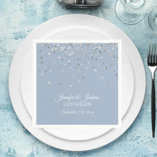 Personalised Dusty BLUE Silver Confetti Wedding Napkin