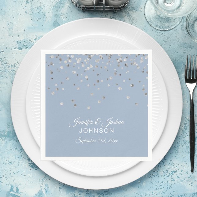 Personalised Dusty BLUE Silver Confetti Wedding Napkin (Creator Uploaded)
