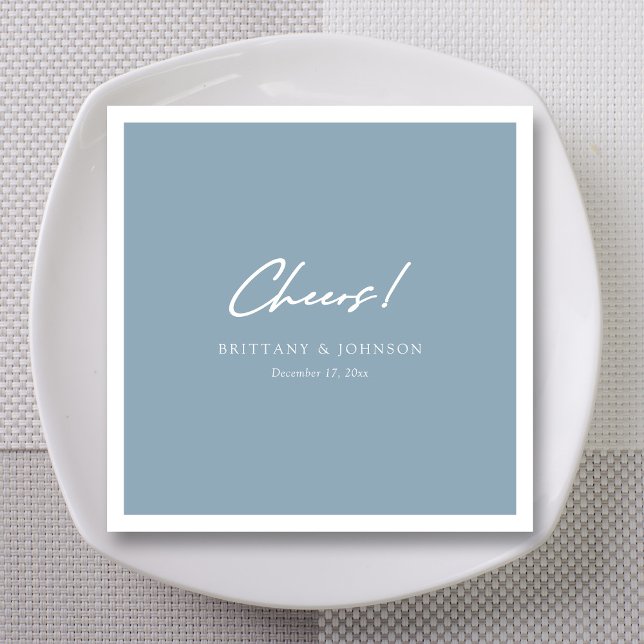 Personalised Dusty Blue Wedding Napkins (Unique White Cheers Script Dusty Blue Wedding Napkins With Names and Date)