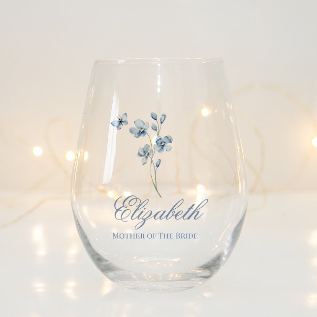 Personalised Dusty Blue Wildflower Bridal Shower Stemless Wine Glass (Creator Uploaded)