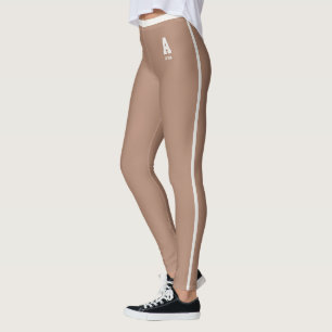 Personalised Dusty Carmel Neutral Stripes Monogram Leggings