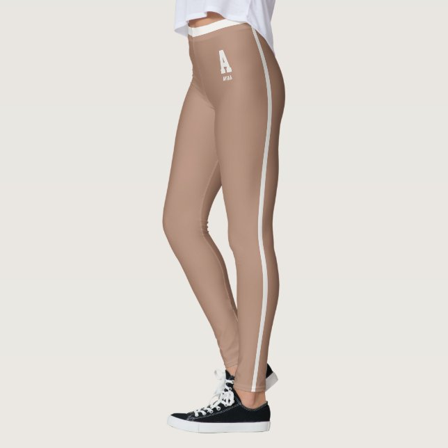 Personalised Dusty Carmel Neutral Stripes Monogram Leggings (Left)
