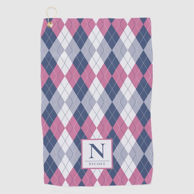Personalised Dusty Pink & Slate Blue Navy Argyle Golf Towel (Front)