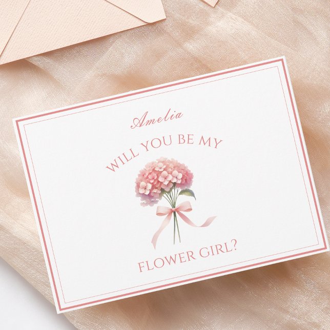 Personalised Dusty Rose Hydrangea Bow Flower Girl Card (Personalized flower girl card with a pink hydrangea design, perfect for a romantic garden wedding.)