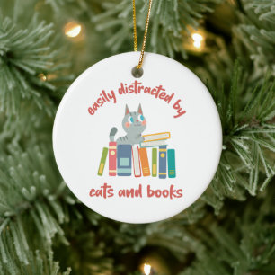 Personalised Easily Distracted by Cats and Books Ceramic Tree Decoration