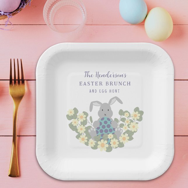 Personalised Easter Brunch Egg Hunt Bunny Floral Paper Plate (Personalized easter egg hunt spring brunch cute bunny daisy floral party paper plate)