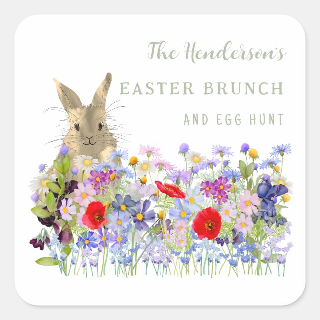 Personalised Easter Brunch Egg Hunt Bunny Floral Square Sticker (Front)