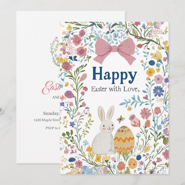 Personalised Easter Bunny, Egg, and Wreath Invitat Invitation (Front/Back)
