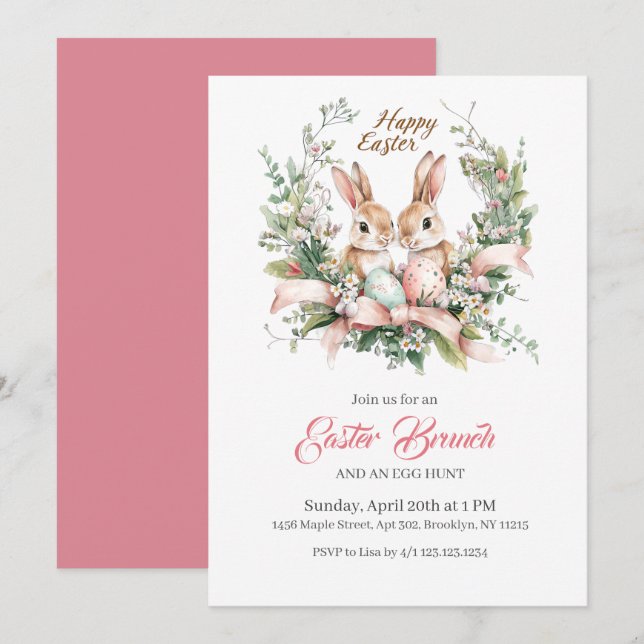 Personalised Easter Bunny, Egg, and Wreath Invitat Invitation (Front/Back)