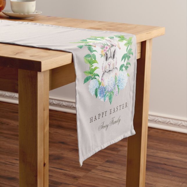 Personalised Easter Bunny Floral Wreath Family Short Table Runner (In Situ)