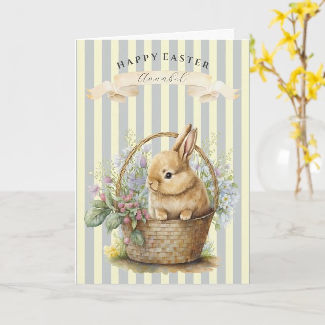 Personalised Easter Bunny in basket  Card (Yellow Flower)