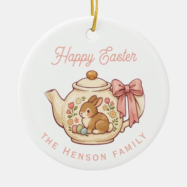 Personalised Easter Bunny Teapot Floral Party Ceramic Tree Decoration (Front)