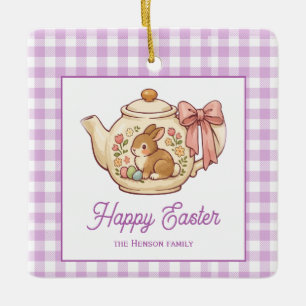 Personalised Easter Bunny Teapot Gingham Family Ceramic Ornament