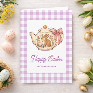 Personalised Easter Bunny Teapot Gingham Family Holiday Card