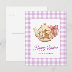 Personalised Easter Bunny Teapot Gingham Family Holiday Postcard