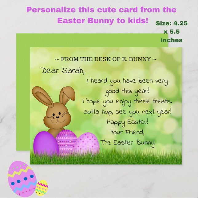 Personalised Easter Bunny to Kids Cute Fun Flat SM Holiday Card (Add magic to a child's Easter with this cute personalized "From the Easter Bunny" card!)
