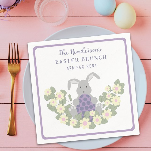 Personalised Easter Egg Hunt Brunch Bunny Floral Napkin (Personalized family name Easter egg hunt spring brunch cute bunny daisy floral meadow purple napkin )