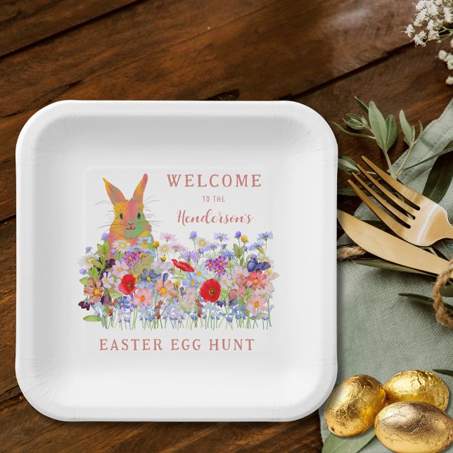 Personalised Easter Egg Hunt Cute Bunny Floral Paper Plate (Personalized easter egg hunt cute bunny wildflower floral spring party paper plate )