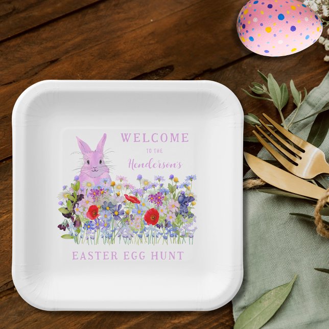 Personalised Easter Egg Hunt Pink Bunny Floral Paper Plate (Personalized easter egg hunt cute pink bunny colorful wildflower meadow spring floral party plate)