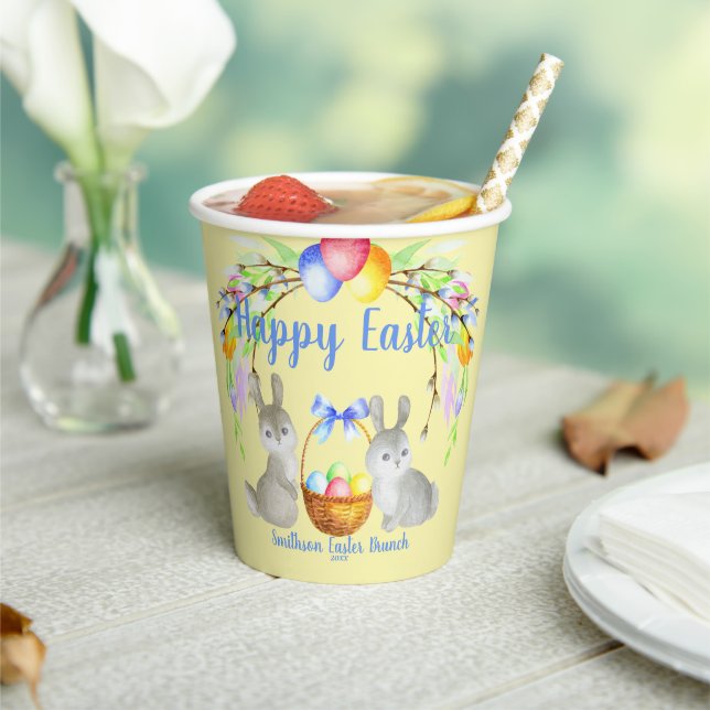 Personalised Easter Eggs, Bunnies, Flowers Yellow Paper Cups (Insitu)
