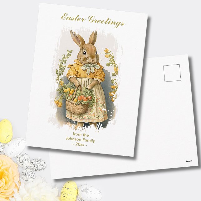 Personalised Easter Greetings Cute Vintage Bunny Holiday Postcard (Add Family name & Year to personalize.  All text is editable)
