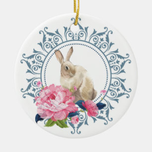 Personalised Easter Rabbit Floral design Ceramic Tree Decoration