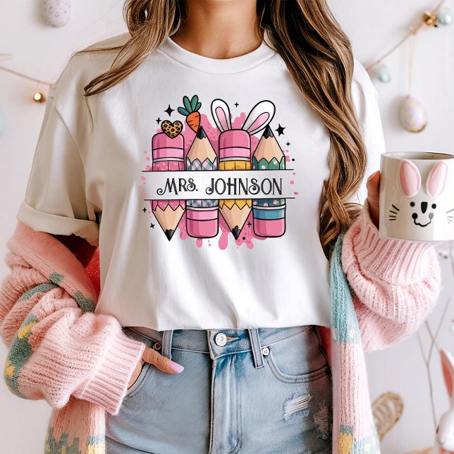 Personalised Easter Teacher Name Tee; Bunny Pencil T-Shirt (Creator Uploaded)