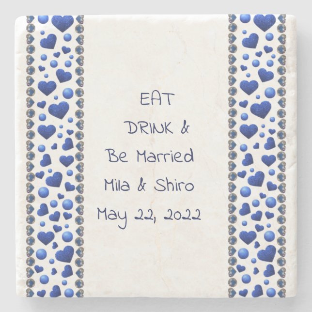 Personalised Eat&Drink, Blue glitter heart  Stone Coaster (Front)