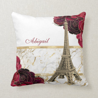 Personalised Eiffel Tower Gold, White Marble Rose Cushion