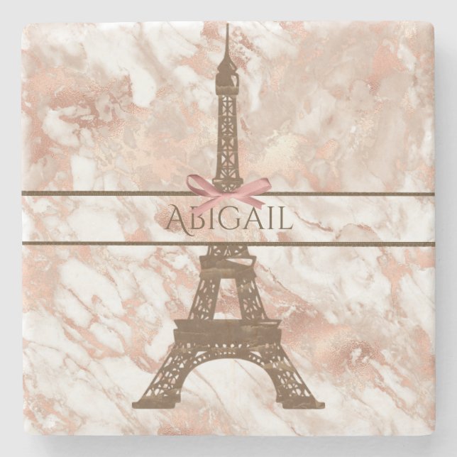 Personalised Eiffel Tower White, Rose Gold Marble Stone Coaster (Front)