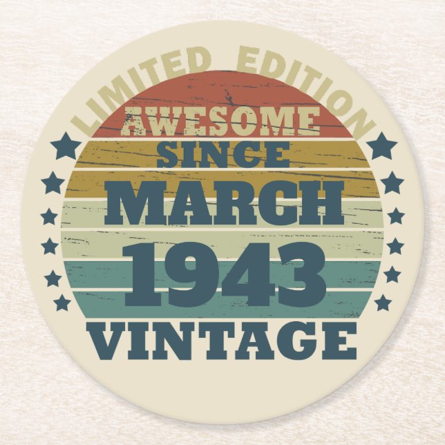 Personalised eighty vintage 80th birthday round paper coaster (Front)