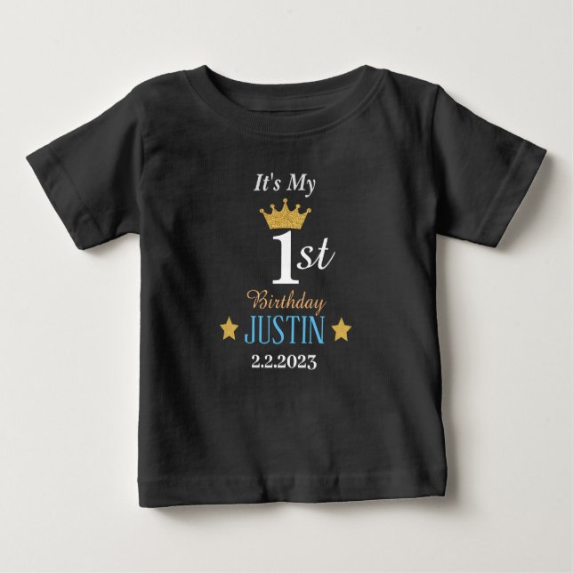 Personalised Elegant 1st birthday gold crown black Baby T-Shirt (Front)