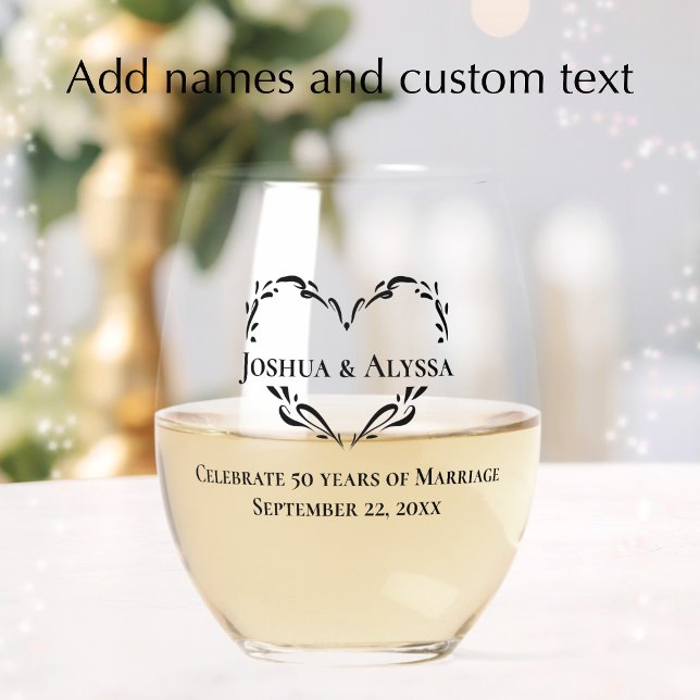 Personalised Elegant 50th Anniversary Gift Stemless Wine Glass (Personalize this elegant heart glass for a 50th wedding anniversary keepsake gift.
)