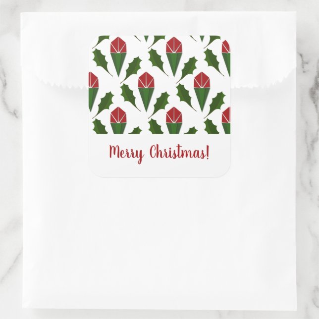 Personalised Elegant Abstract Red Roses and Holly Square Sticker (Bag)