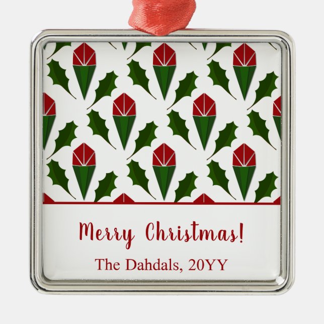 Personalised Elegant Abstract Red Roses & Holly Metal Tree Decoration (Front)