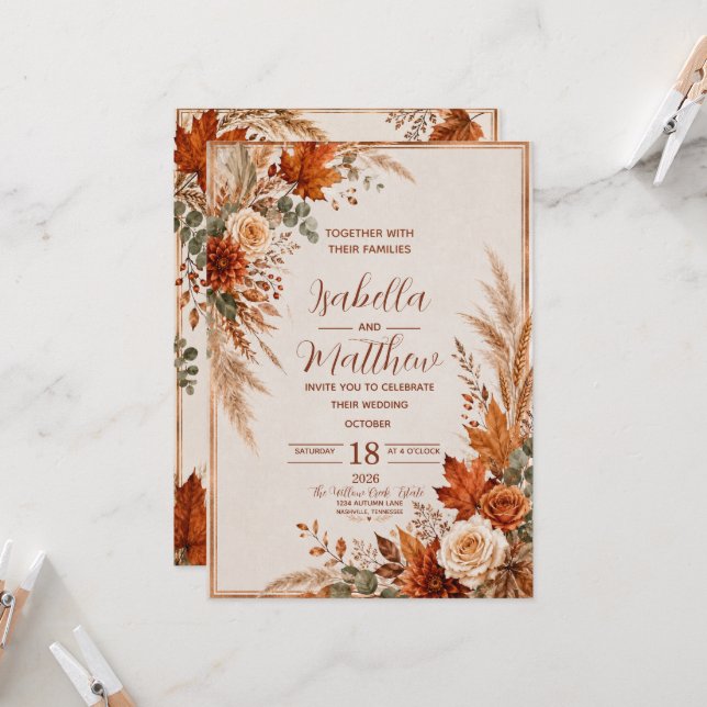 Personalised Elegant Autumn Wedding Invitation | R (Front/Back In Situ)