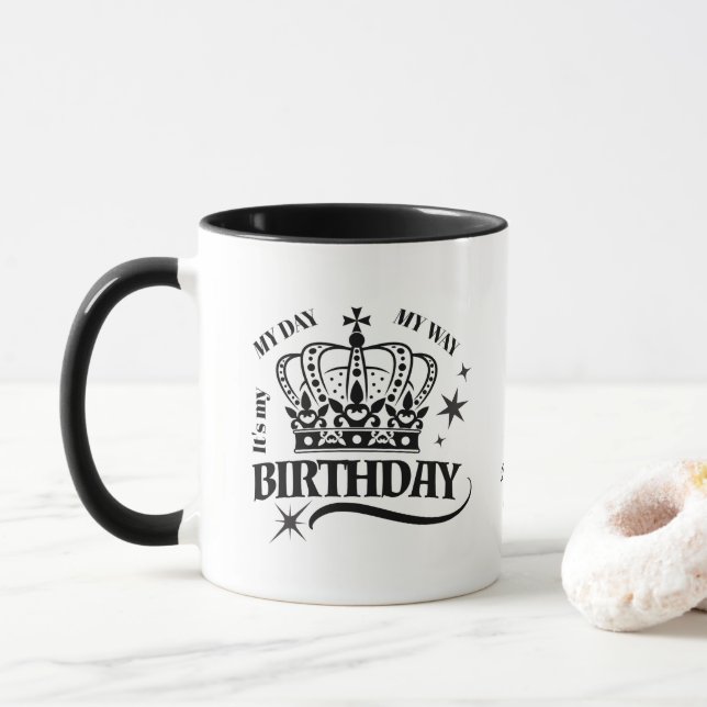 Personalised Elegant Birthday Crown Typography Mug (With Donut)